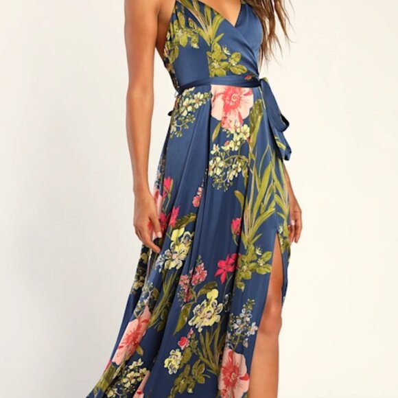 Lulus Still The One Blue Floral Print Satin Maxi Dress - Size S - Picture 6 of 6
